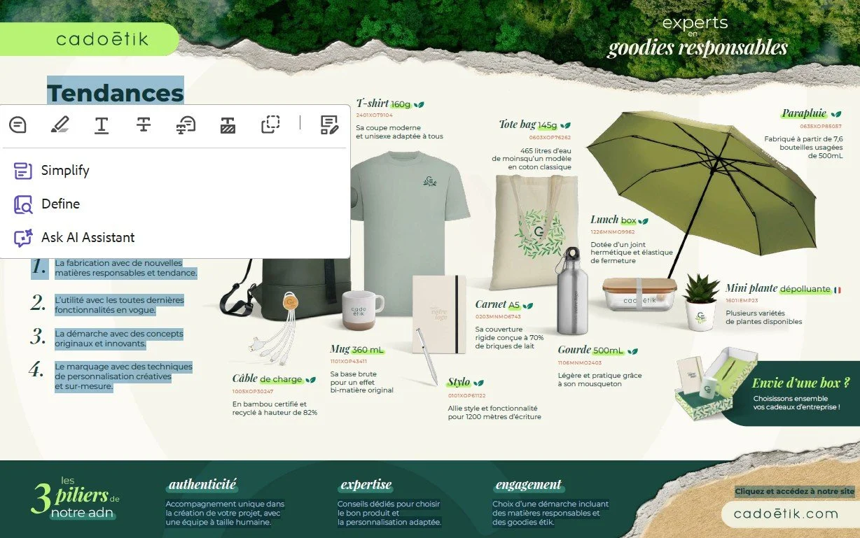 A promotional graphic for eco-friendly corporate gifts, displaying various products such as a t-shirt, tote bag, umbrella, lunch box, plant, mug, cable, notebook, water bottle, and stylus, with descriptions and green-themed design elements.