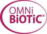 Logo for Omni Biotic with pink text inside an oval shape.