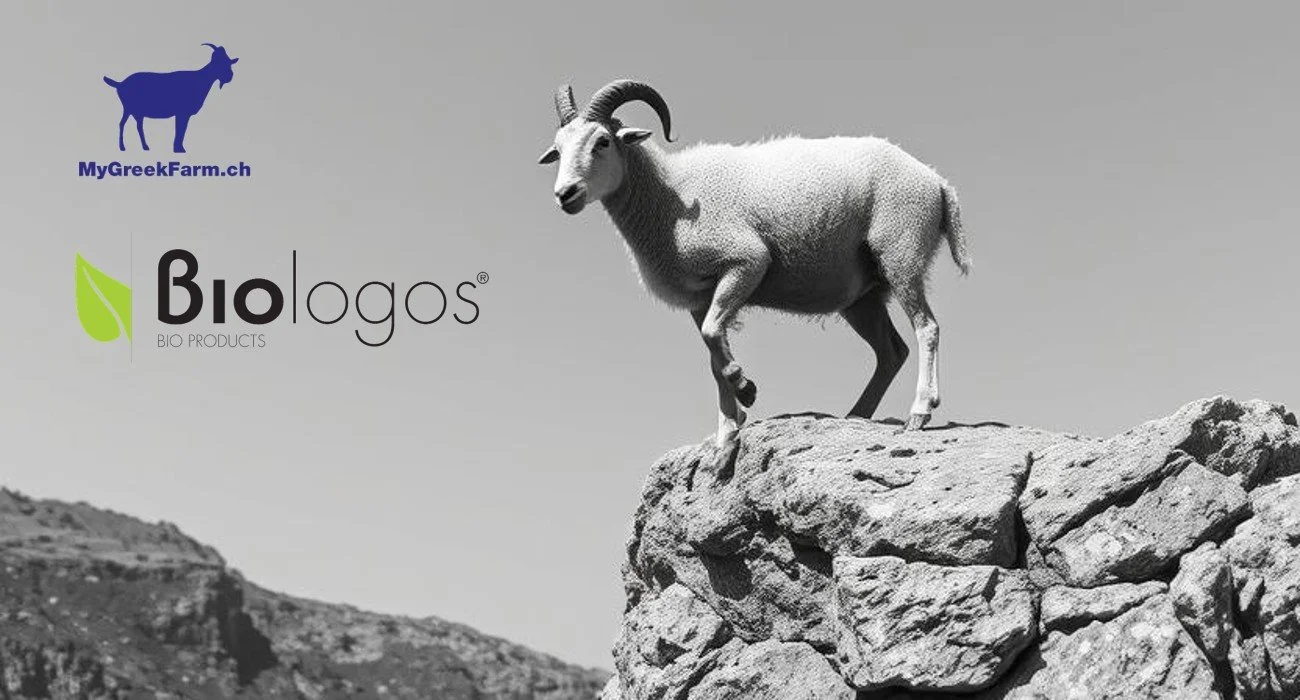 A goat standing on a rocky outcrop with a cloudy sky in the background, featuring logos for MyGreekFarm.ch and Biologos Bio Products.