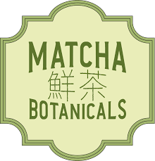 Logo for MATCHA BOTANICALS with green decorative border, text in uppercase, includes Japanese characters
