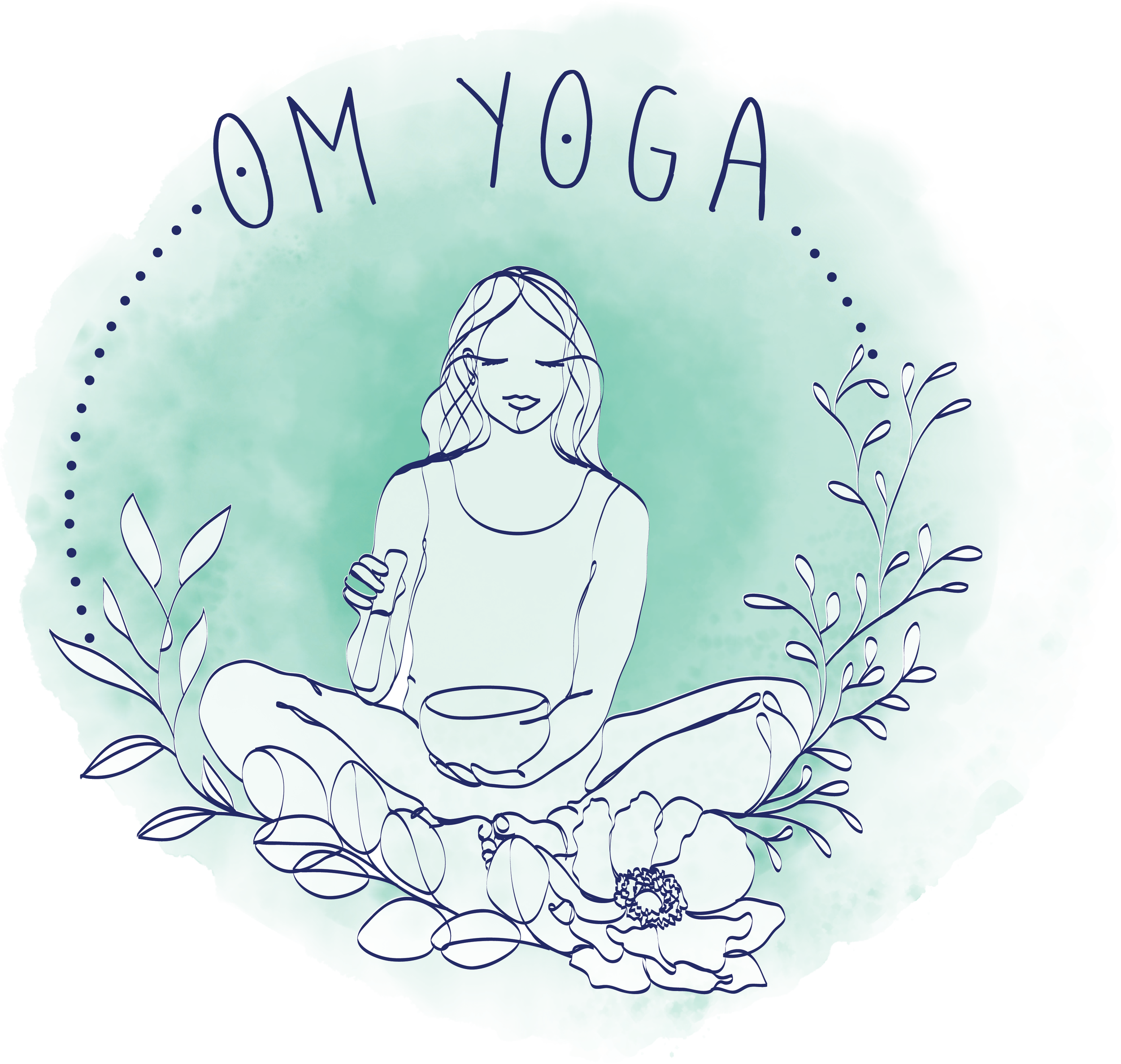 Line drawing of a woman meditating in a cross-legged pose, with a bowl in her hands, surrounded by foliage and flowers, with the text 'OM YOGA' above her, on a watercolor background.