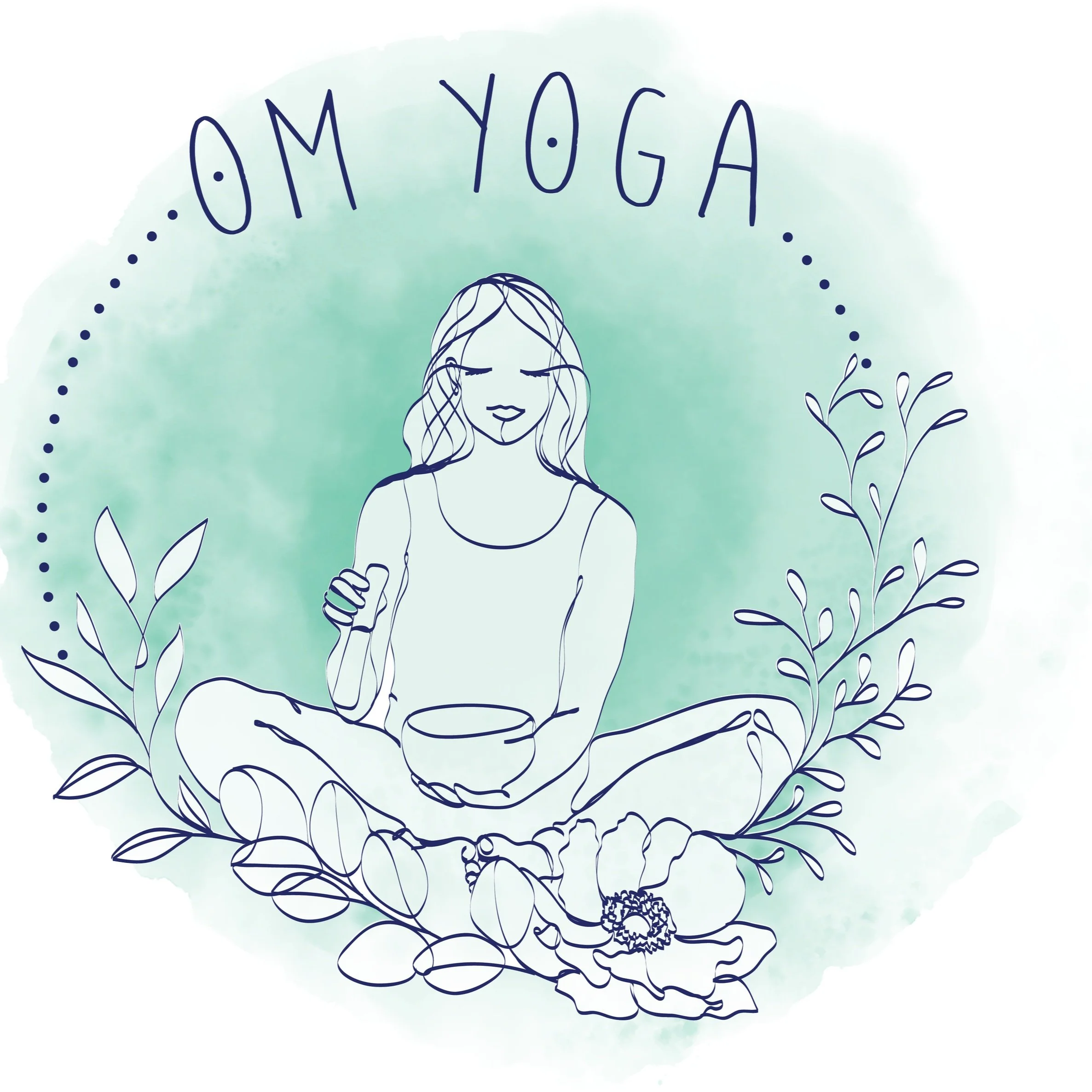 Line art illustration of a woman sitting cross-legged with a bowl, surrounded by leaves and flowers, with the text 'OM YOGA' above her.