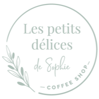 Logo with French text 'Les petits délices de Sophie' and 'Coffee Shop' in a circular design with a light background and leaf decoration