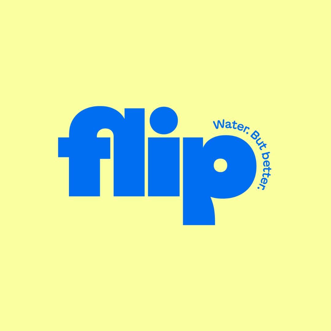 The word 'flip' in bold blue letters on a yellow background, with the phrase 'Water. But better.' in smaller blue letters curved around the letter 'p'.