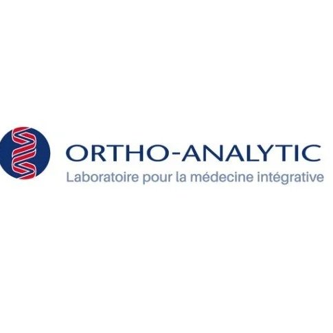 Logo of Ortho-Analytic, a laboratory for integrative medicine, featuring a stylized DNA strand and the company's name in English and French.