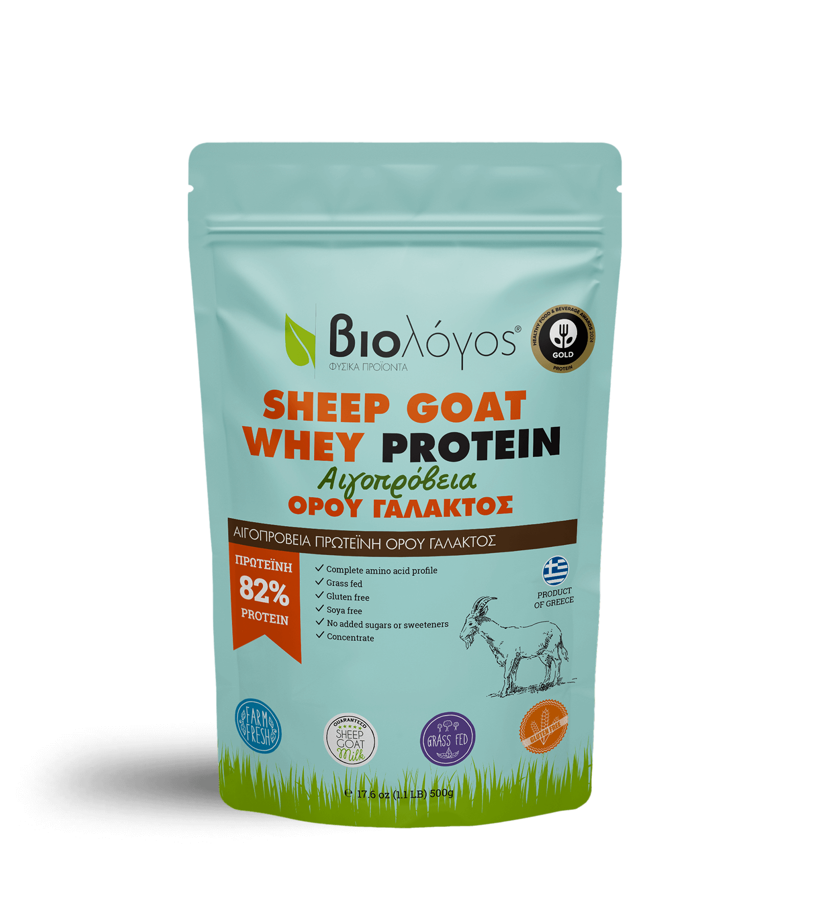 Light blue resealable bag of BioΛόγος sheep goat whey protein powder with a label indicating 82% protein content, gluten-free, soy-free, grass-fed, and made in Greece. The label includes a drawing of a goat, icons for farm-fresh, sheep/goat milk, gra
