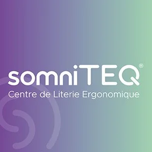 Somnitec ergonomic bed center logo with purple and green gradient background