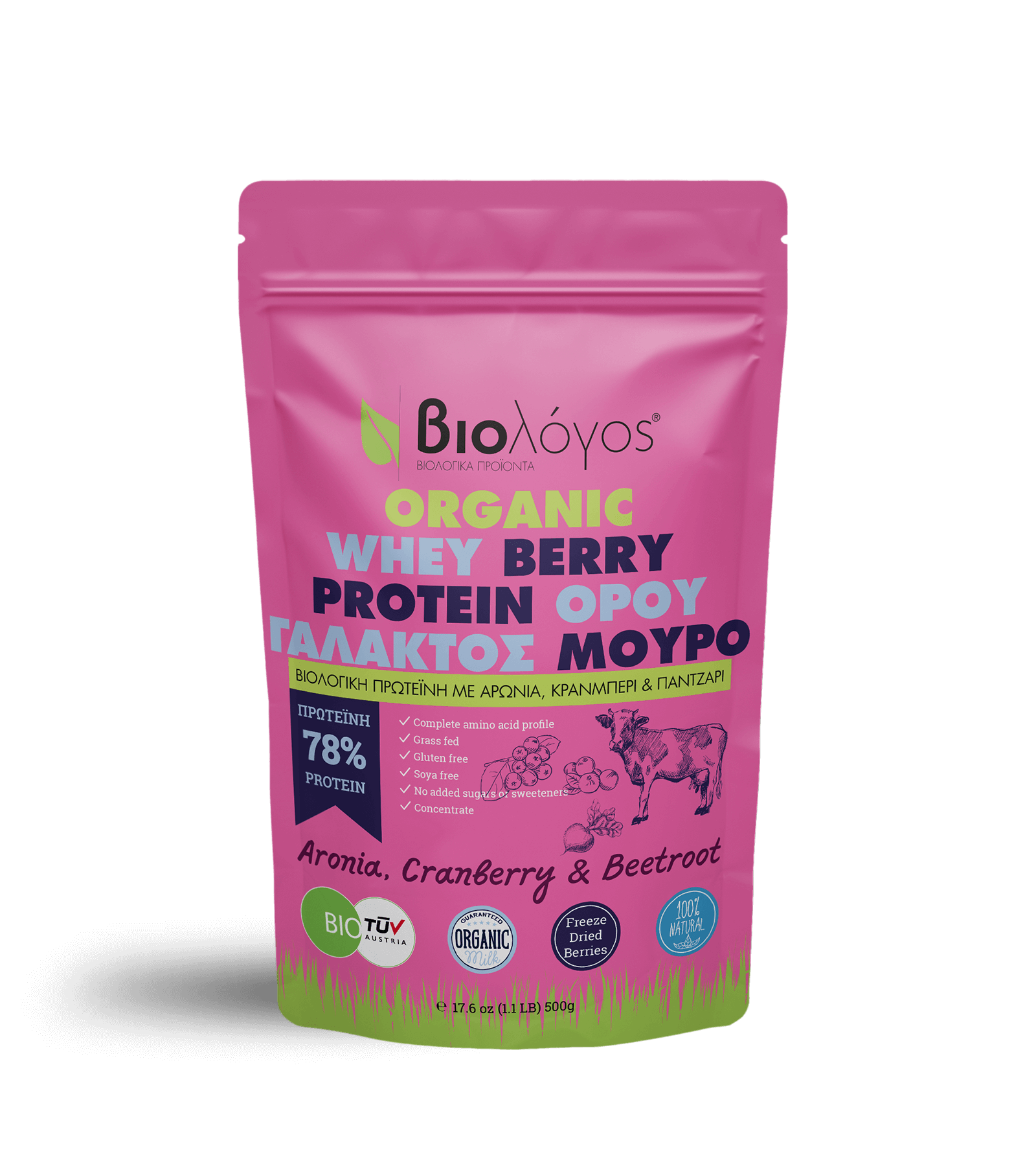 Pink package of Bio Λόγος organic whey protein powder with berry flavor, containing aronia, cranberry, and beetroot, showing illustrations of berries and a goat, with labels indicating 78% protein and other nutritional benefits.