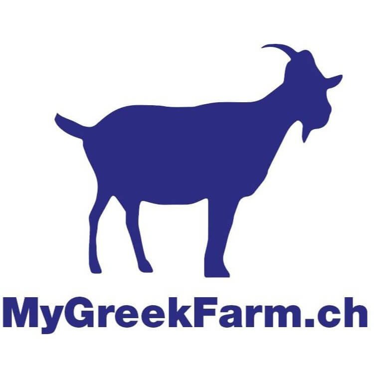 Blue silhouette of a goat with the text "MyGreekFarm.ch" underneath.