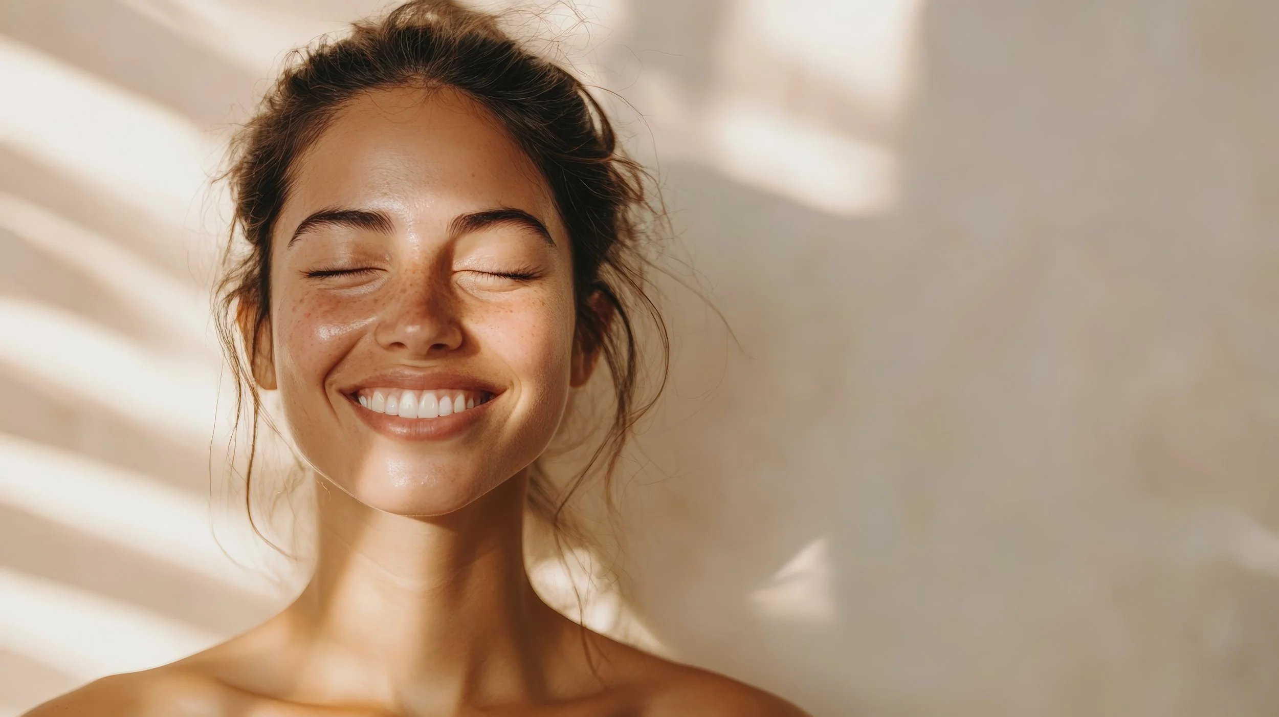 Close-up of a woman smiling with eyes closed, showing teeth and dimples. She has brown hair pulled back and freckles on her face, with a soft neutral background.