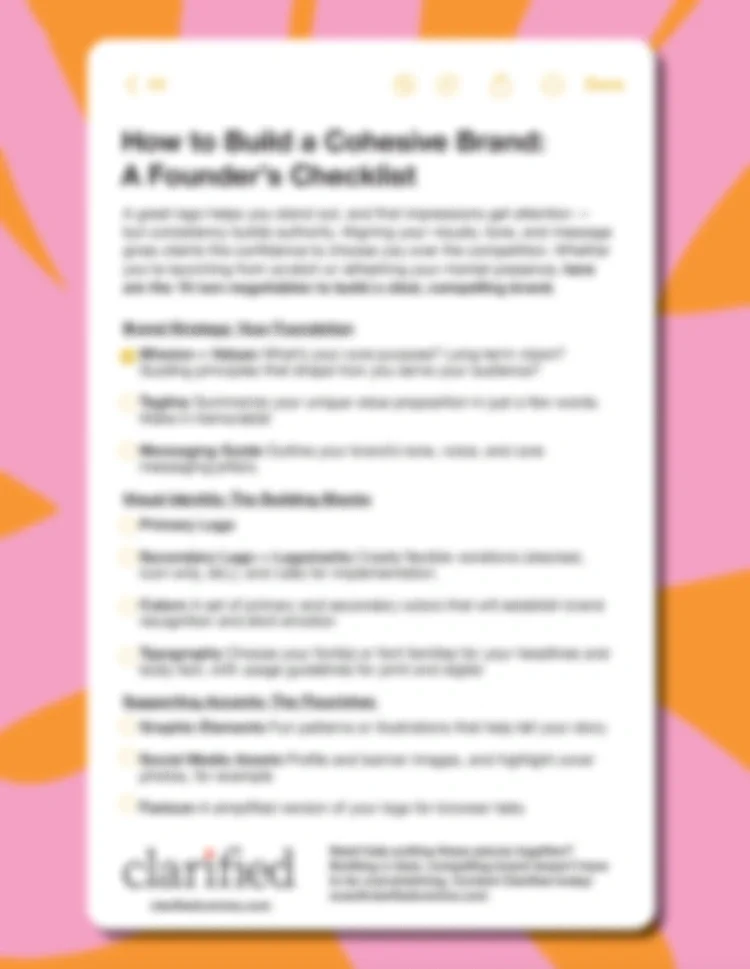 A checklist titled "How to Build a Cohesive Brand" on pink and orange background.