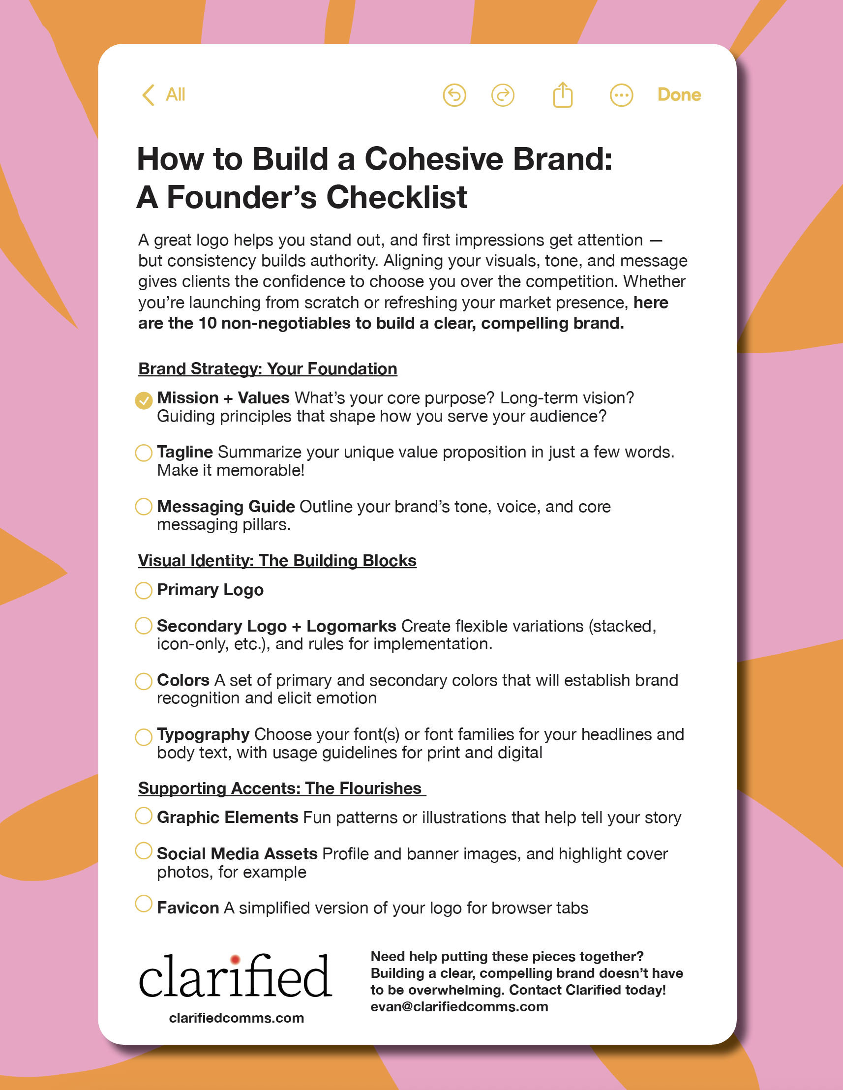 A digital document titled "How to Build a Cohesive Brand: A Founder's Checklist" with numbered sections and bullet points, placed over a colorful, abstract background with pink, orange, and yellow shapes.