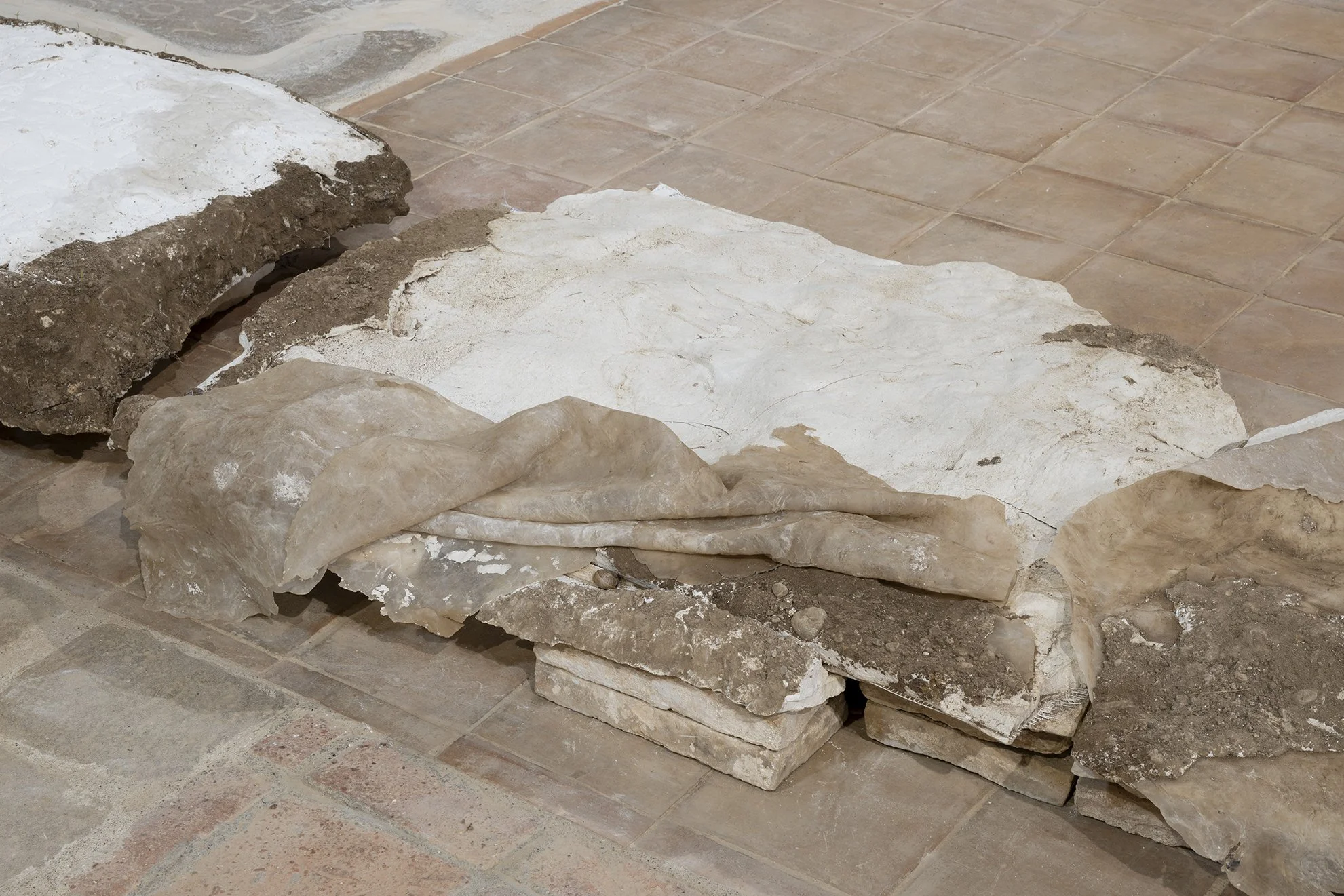 Monia Ben Hamouda. Ghost (Espinavessa), 2026. Plaster, oak, and soil. 184 x 94 x 27 cm. (Left). Ghost (Lladó), 2026. Plaster, oak, silicone, and soil. 100 x 197 x 24 cm. (Right). Image by Roberto Ruiz. Courtesy of the artist and Spiritvessel.
