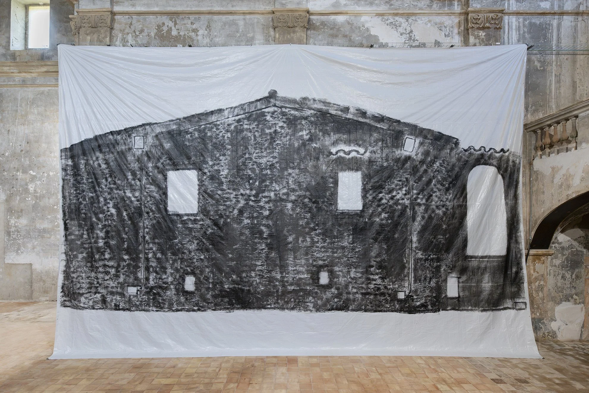 Andrew Birk. Floating House, 2026. Acrylic on tarpaulin. 8 x 12 m. Image by Roberto Ruiz. Courtesy of the artist and Spiritvessel.