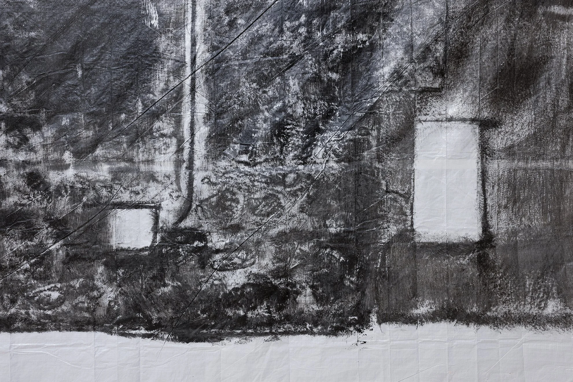 Detail. Andrew Birk. Floating House, 2026. Acrylic on tarpaulin. 8 x 12 m. Image by Roberto Ruiz. Courtesy of the artist and Spiritvessel.