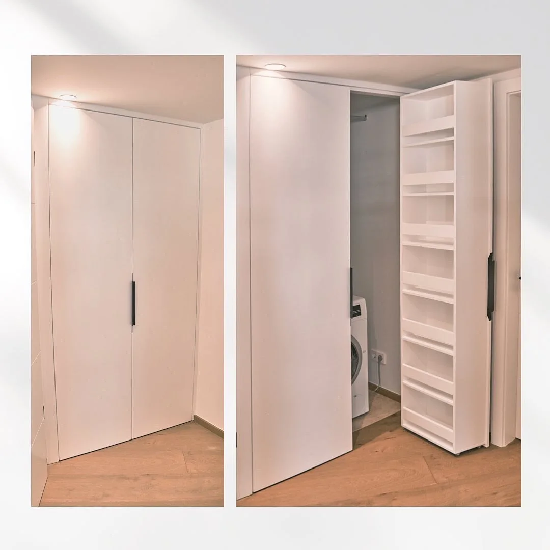 Storage doors - the perfect optimization of a small corner.
The "laundry corner" was closed with 2 doors that have integrated shelves for shoe storage. We also installed one hanging rod from wall to wall for winter coats.
.
by @dibarondesig