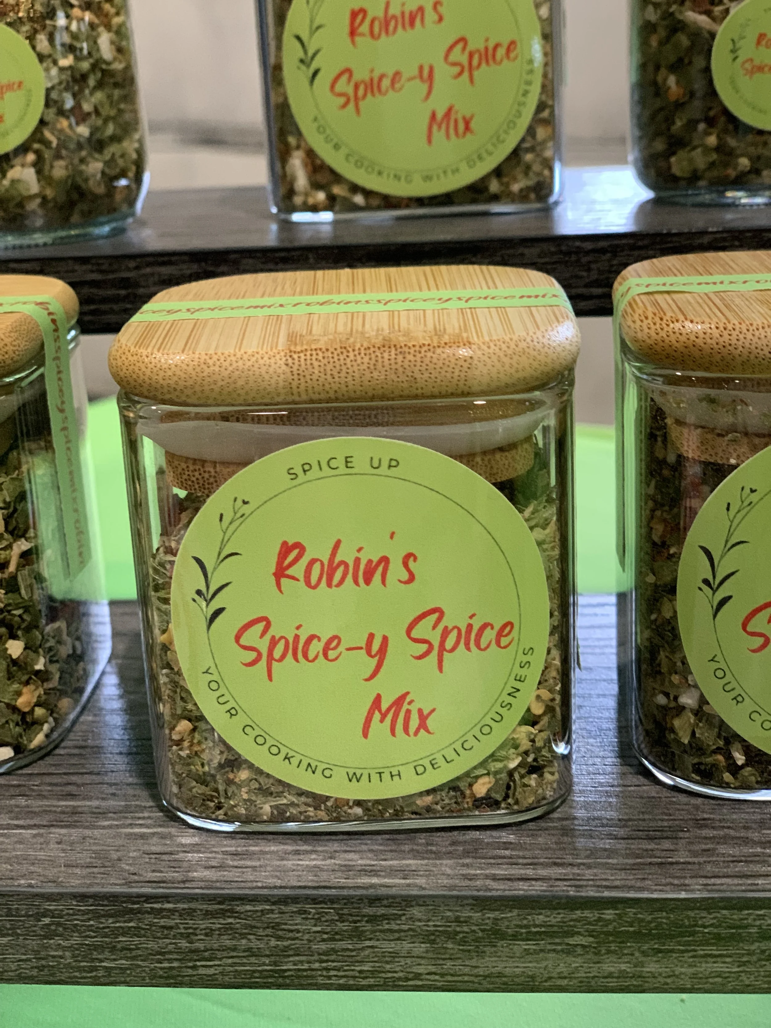 Robin's Spice-y Spice Mix, square jar