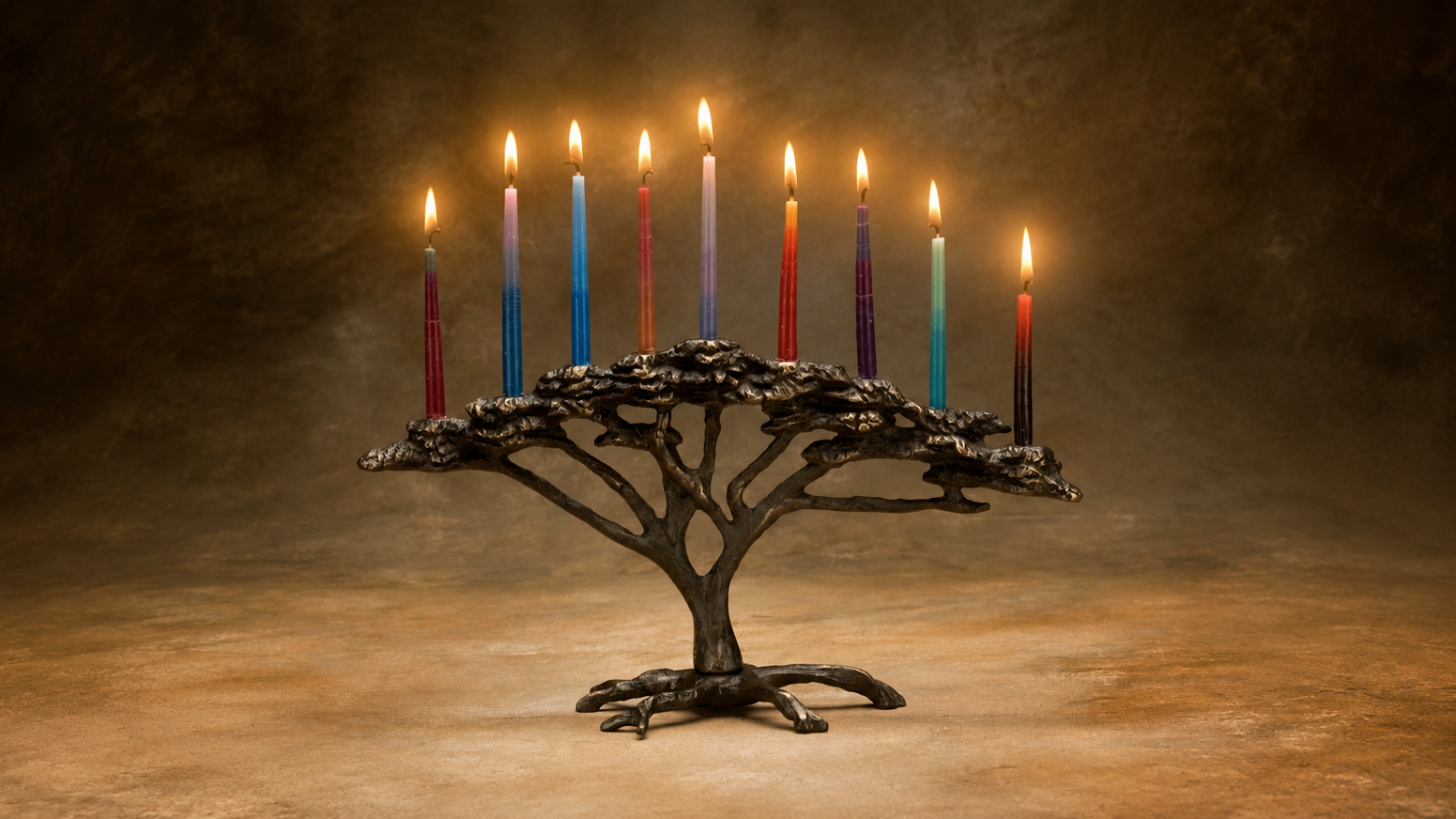 A menorah made of bronze with nine branches, each holding a lit birthday candle of different colors.