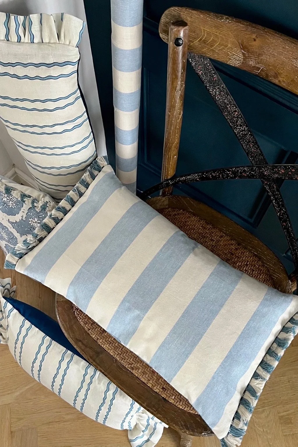 Serendip Cushion. Rapture and Wright fabric with Ian Mankin backing and Samuel and Sons fringe trim. 