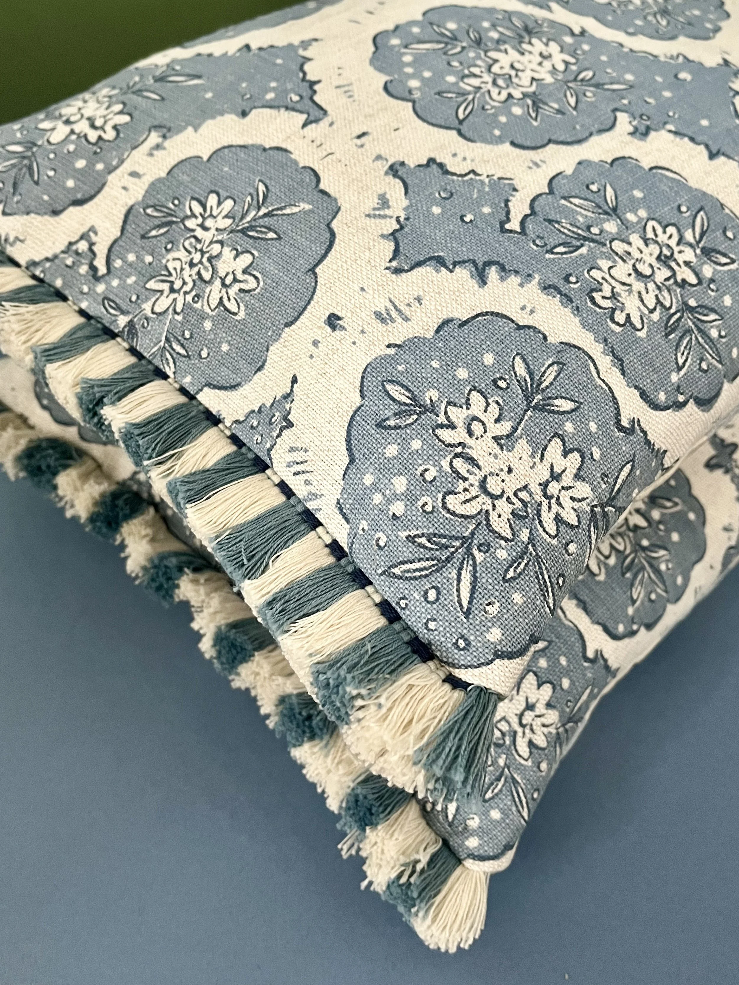 Serendip Cushion. Rapture and Wright fabric with Ian Mankin backing and Samuel and Sons fringe trim. 