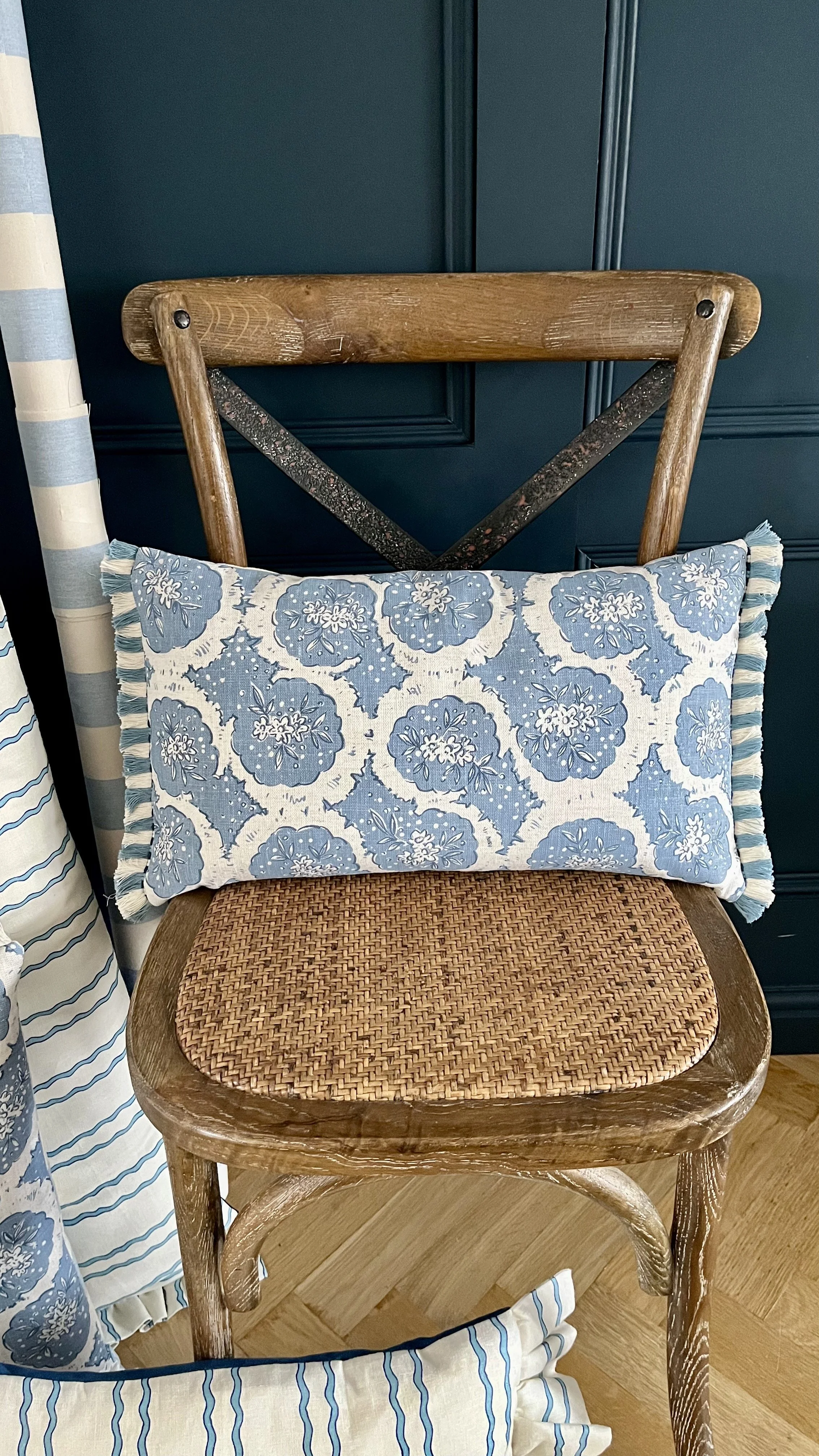 Serendip Cushion. Rapture and Wright fabric with Ian Mankin backing and Samuel and Sons fringe trim. 