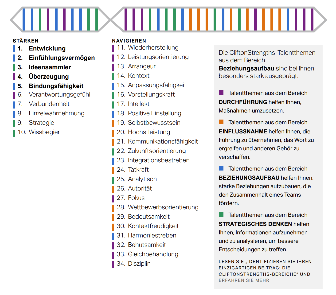 Schematische Darstellung der CliftonStrengths-Talentbereiche und deren Bedeutung, mit einer Legende nach Farben für Stärken und Navigationspunkte, sowie einer Erklärung zu den fünf Talentbereichen auf der rechten Seite.