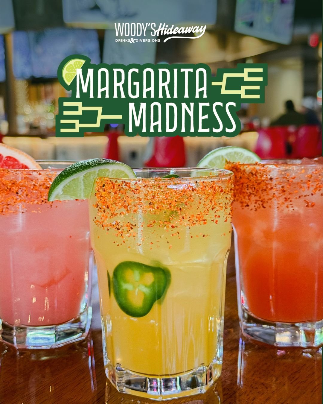 It's Margarita Madness season! Catch every game and sip on one of our refreshing margaritas here at Hideaway! Featuring the Courtside Heat, Sweet Sixteen &amp; Rebound Rita. Available all month long - which one are you trying first?

#MargaritaMadnes