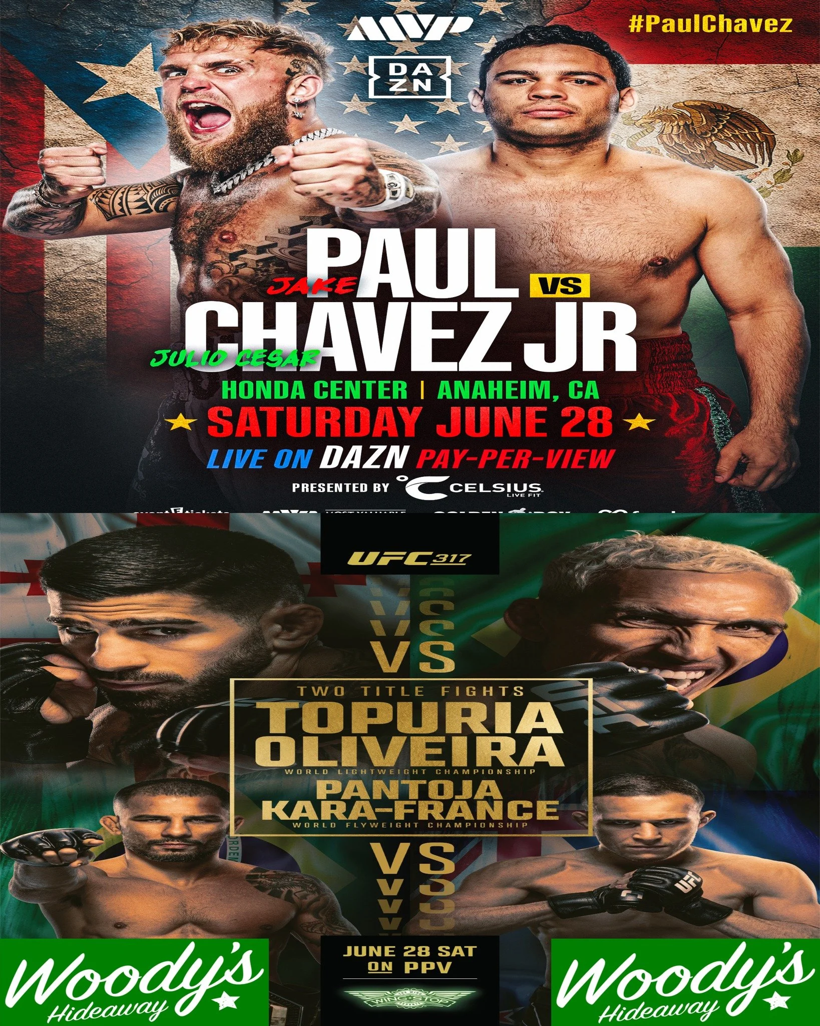 🥊🔥 DOUBLE HEADER FIGHT NIGHT AT WOODY'S HIDEAWAY! 🔥🥊

📅 Saturday, June 28th
📍 Woody&rsquo;s Hideaway Sports Tavern and Social Club

An action-packed night is coming your way! Don&rsquo;t miss TWO massive showdowns on the big screens:

💥 Jake P