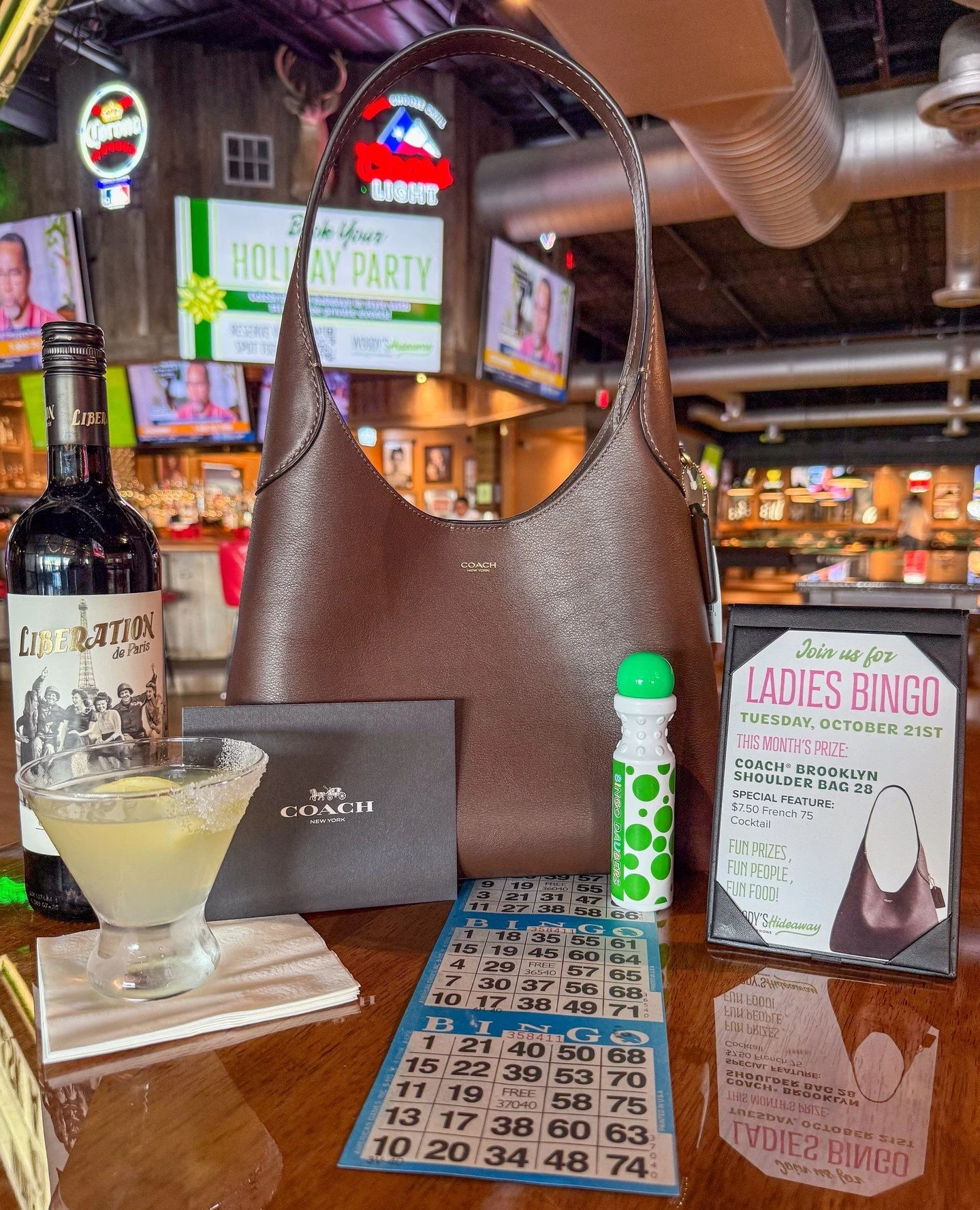 Purse Bingo?! YES PLEASE! 😍⁠
Join us Tuesday, October 21st, for Ladies Bingo Night and your chance to win a Coach Brooklyn Shoulder Bag! ⁠
⁠
✨  Bingo starts at 7pm - FREE to play!⁠
✨ $7.50 French 75's⁠
✨ $20 Bottles of wine⁠
✨  Prizes every round⁠
⁠
