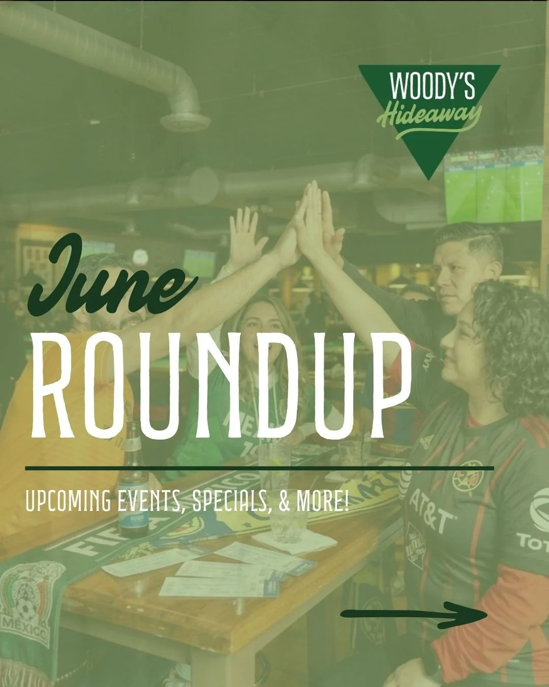 June has officially arrived! ☀️ Swipe to see the events, signature pours, and everything happening at Woody&rsquo;s Hideaway this month! See y&rsquo;all soon! 🙌