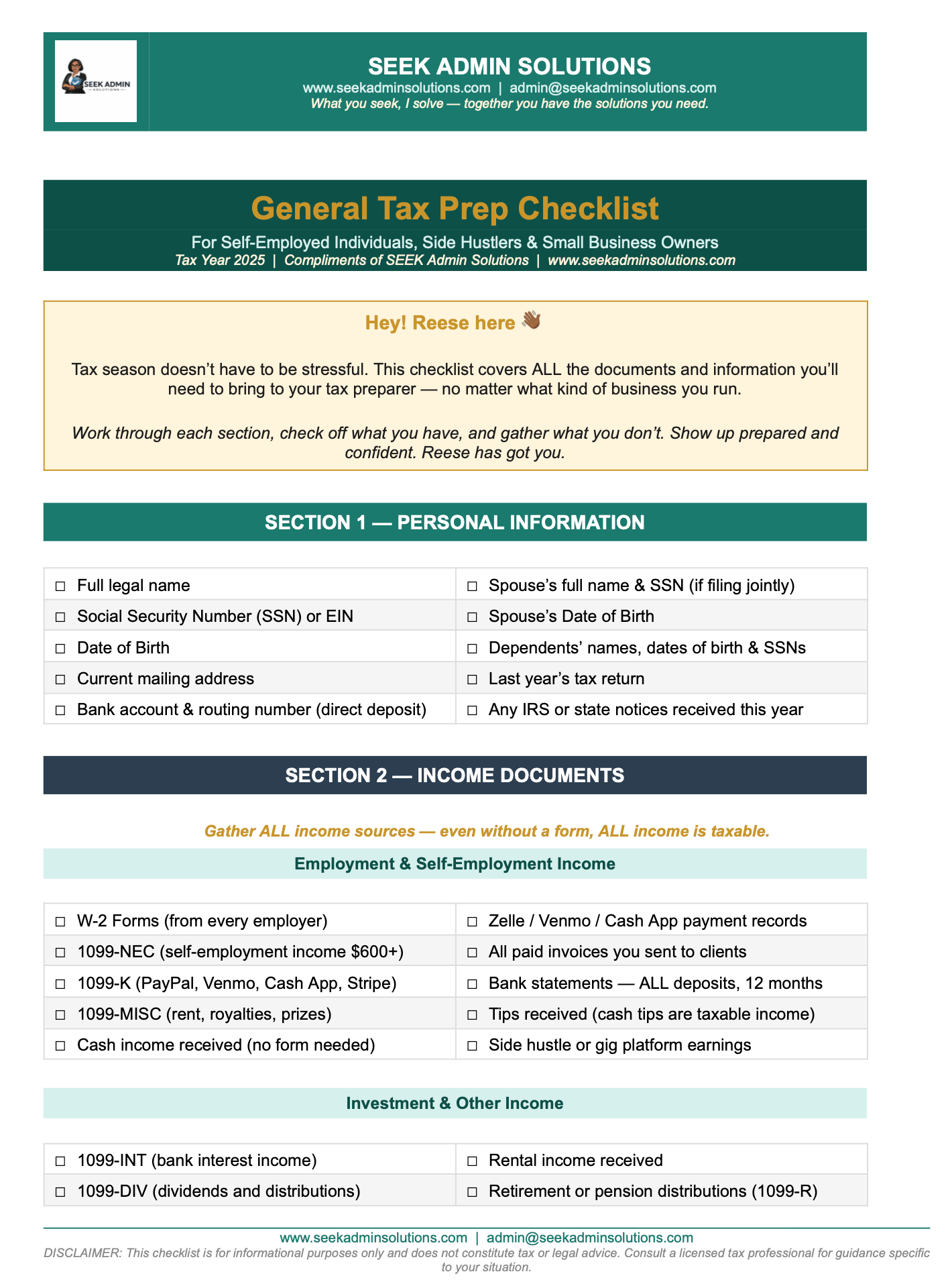 Free General Tax Prep List