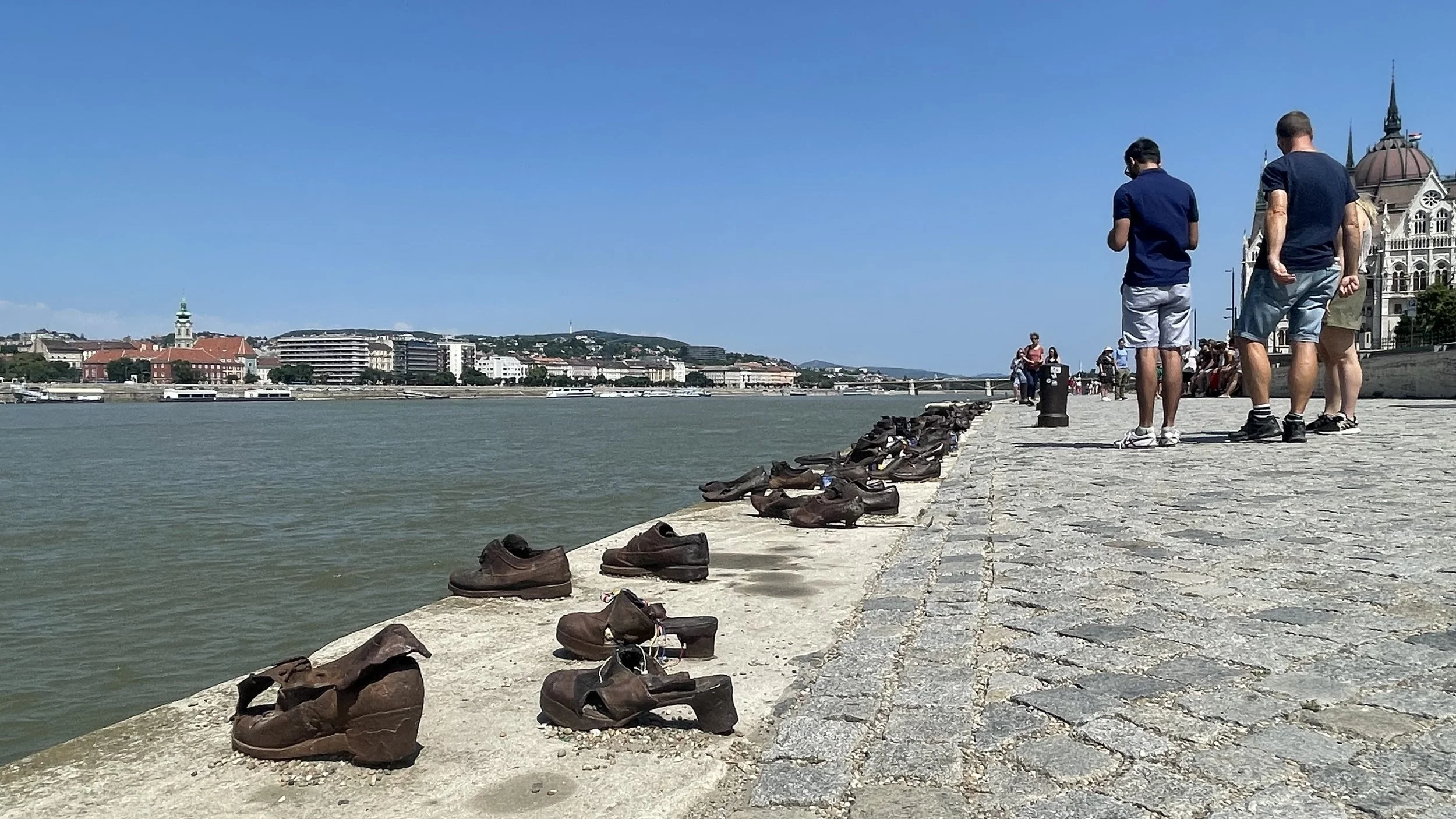 Bronze shoes lined up along the Danube River, memorializing those killed by Nazis 