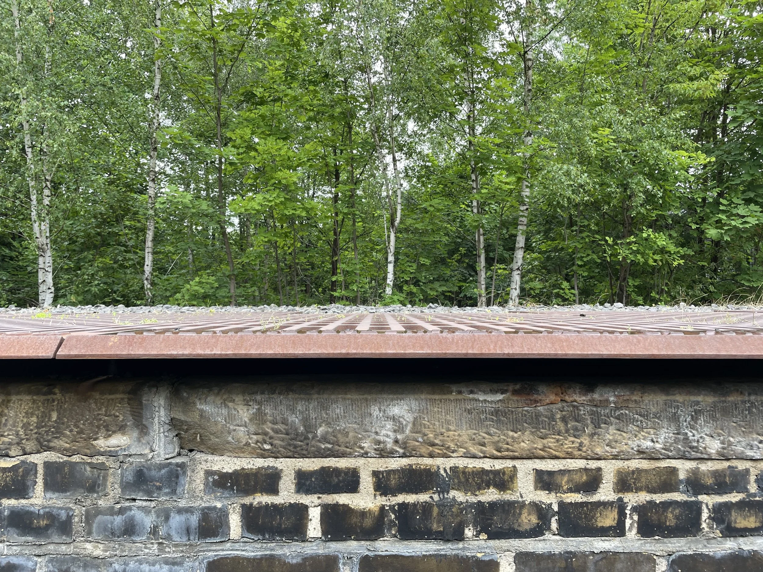 Stone wall with brick ledge and a green forest in the background.