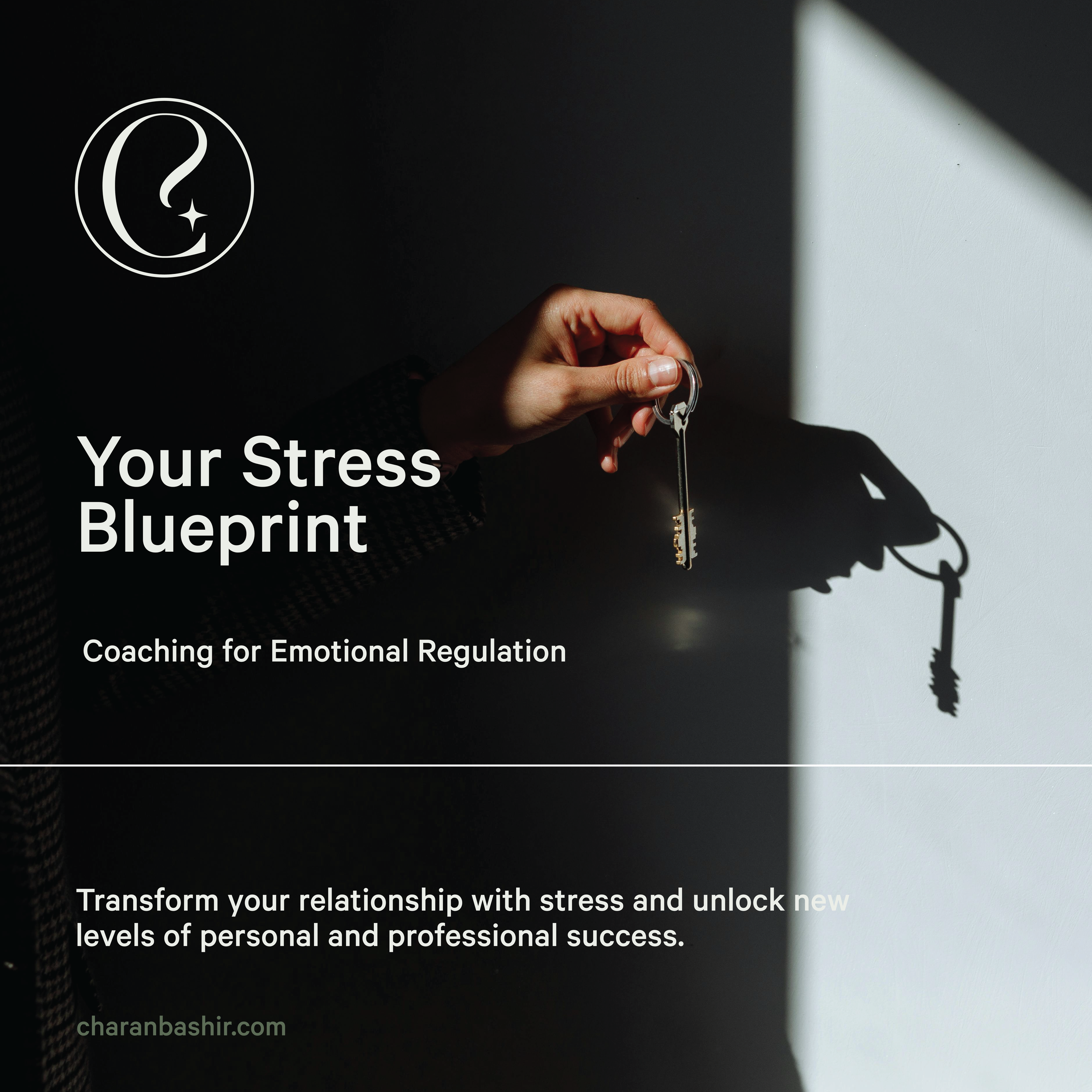 A hand holding a key casts a shadow on a two-toned wall. The image promotes a stress management coaching program.