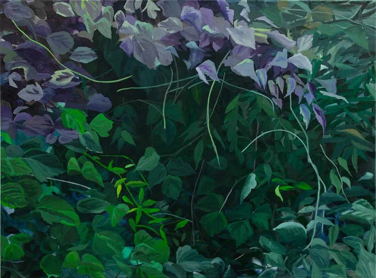 A painting by Liza Butts showing a dense arrangement of green and purple leaves, foliage or shrubbery, in varying shades and shapes, creating a lush, natural appearance. The image has a painted texture with different tones of green and purple.