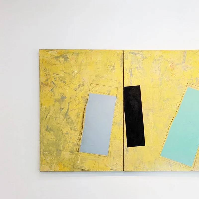 Abstract painting with yellow background and geometric shapes including black, blue, and teal rectangles.