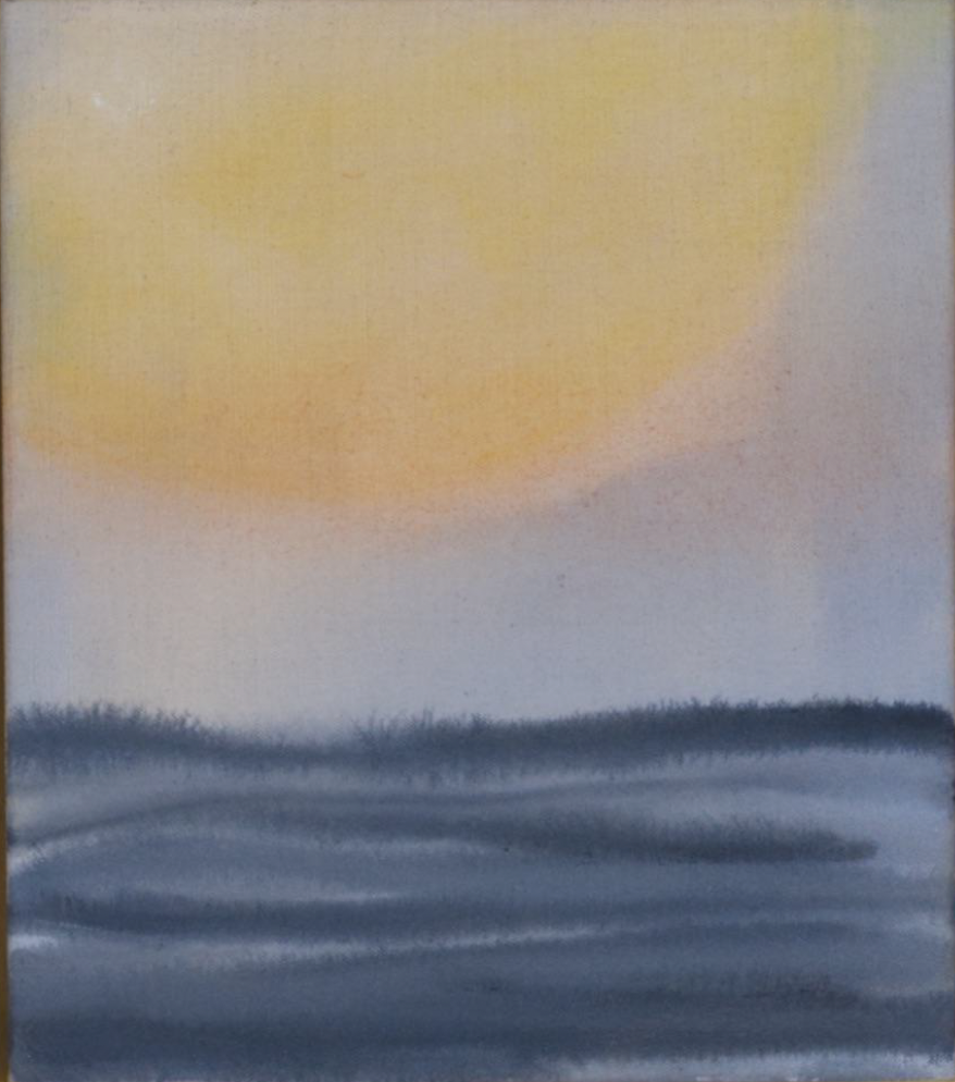 Abstract landscape with a large yellow sun in the sky and blue water with gentle waves.