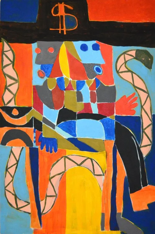Painting by American artist Taj Mat featuring a seated figure with geometric shapes and bold colors. A dollar sign symbol appears at the top. The composition includes vibrant reds, blues, oranges, and earth tones with intertwined snake-like patterns.