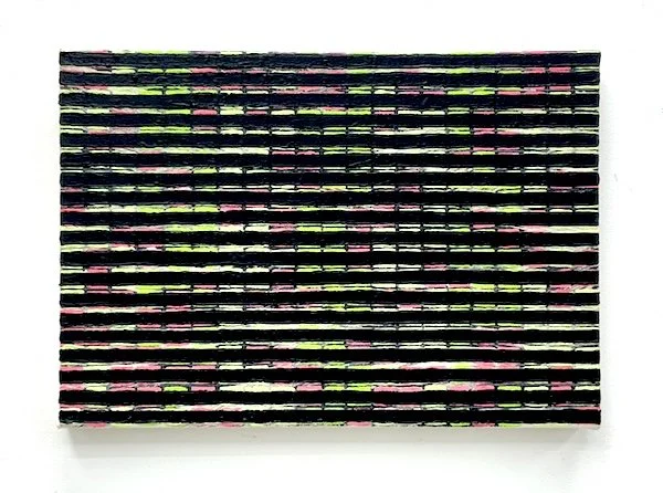 Abstract artwork featuring horizontal black lines with accents of green and pink, spaced evenly across a rectangular surface.