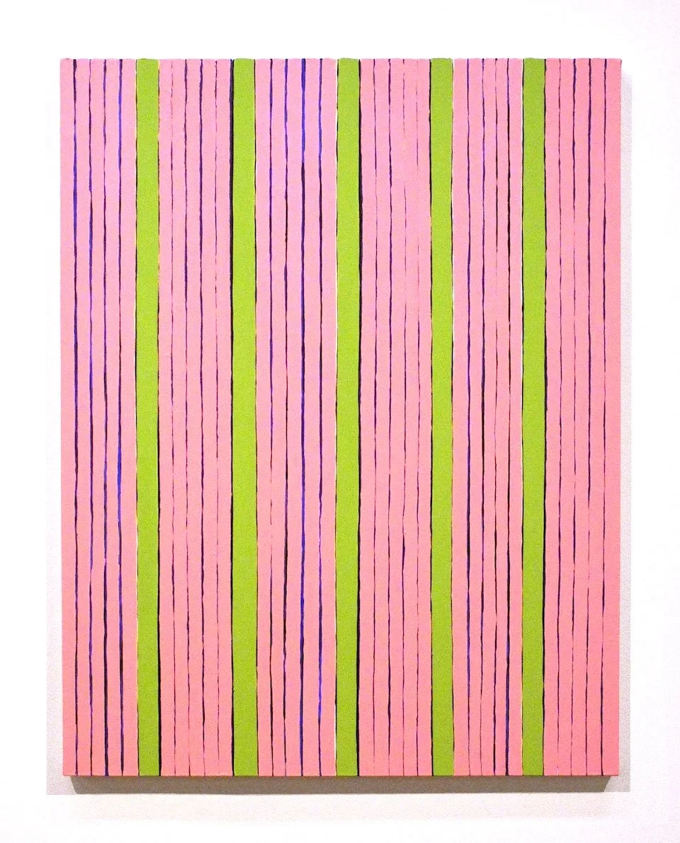 Abstract artwork featuring vertical pink, green, and purple lines on a white background.