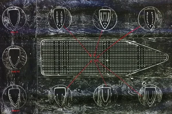 Diagram showing ship with seven detailed hull sections