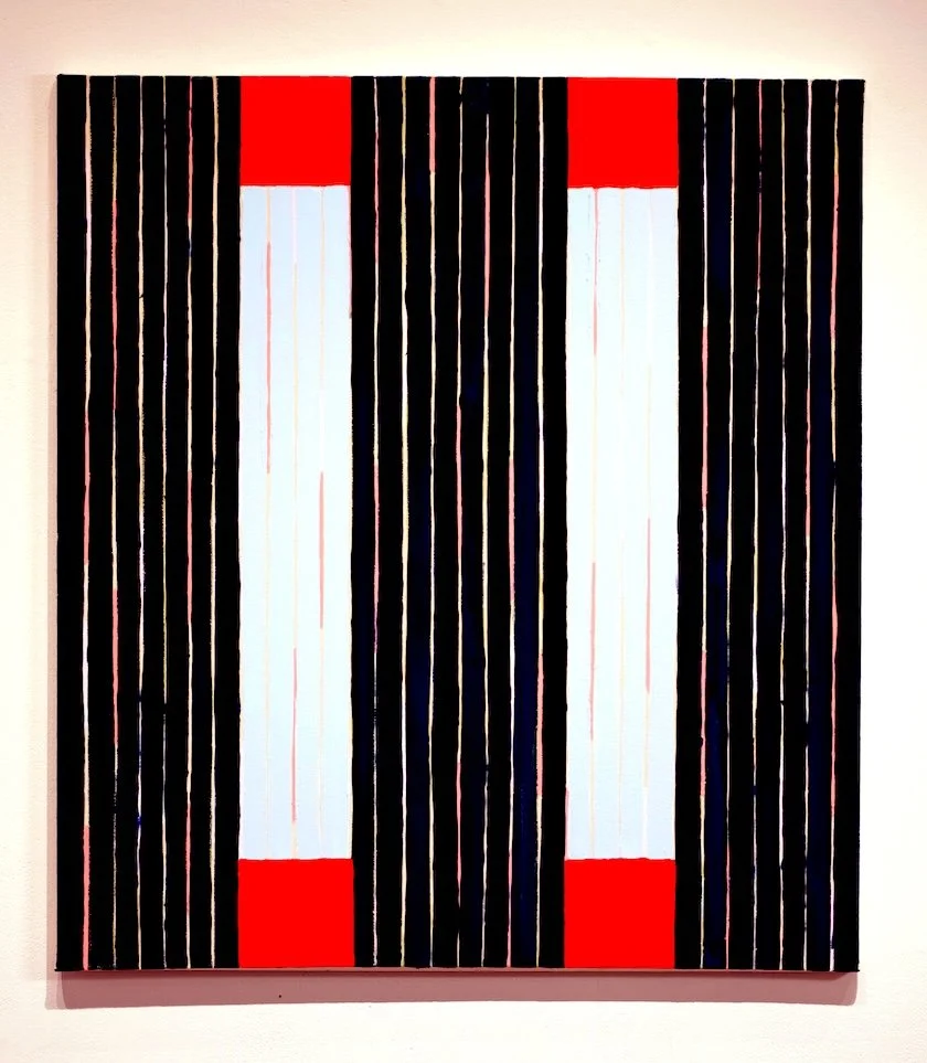 Abstract painting featuring vertical black stripes with white and red accents on a white wall.