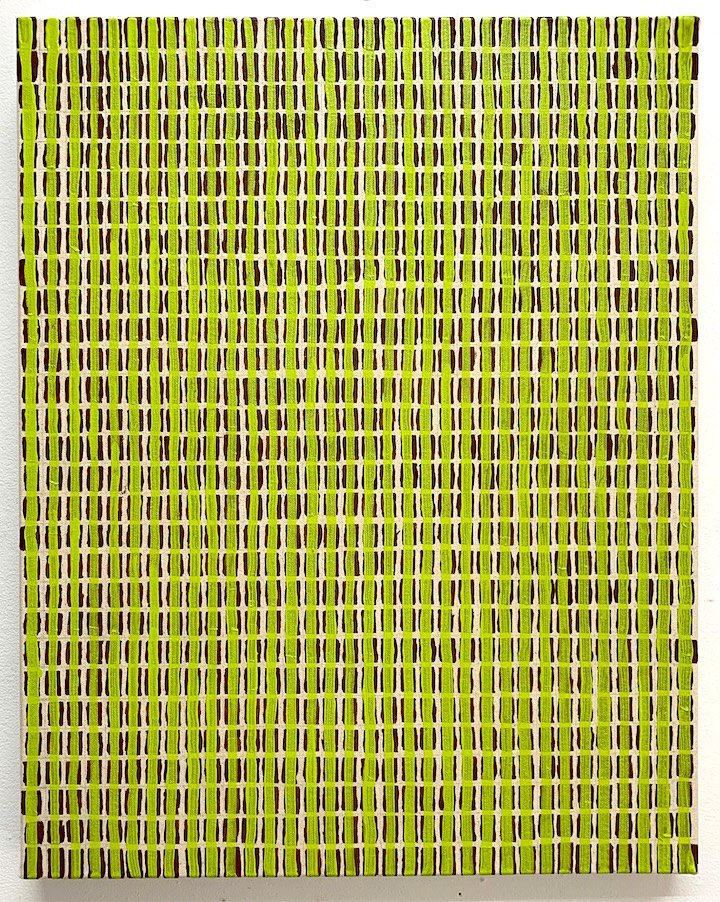 Image of a painting with green, white, and black vertical and horizontal stripes creating a grid pattern.