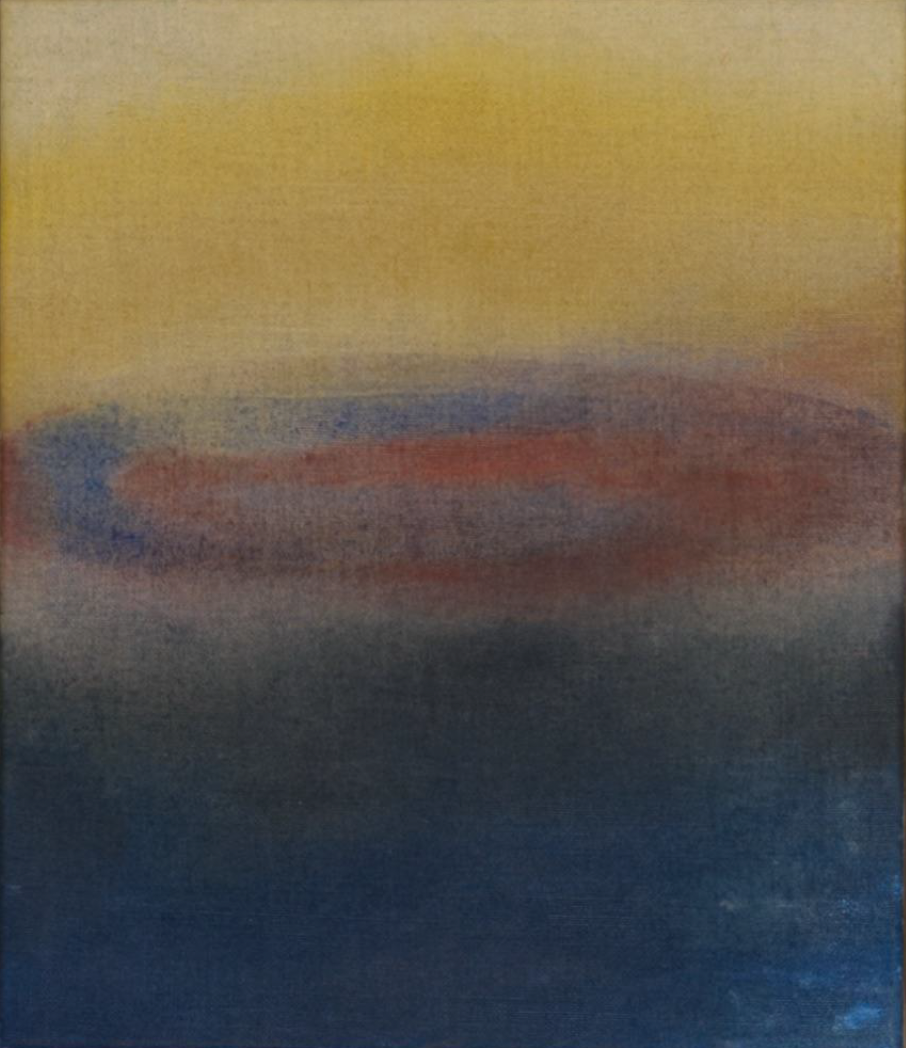 Abstract painting with a gradient of warm yellow and beige at the top, blending into reddish, purple, and blue tones towards the bottom.