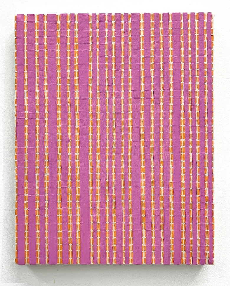Abstract colorful artwork with vertical pink and orange striped pattern on a canvas.