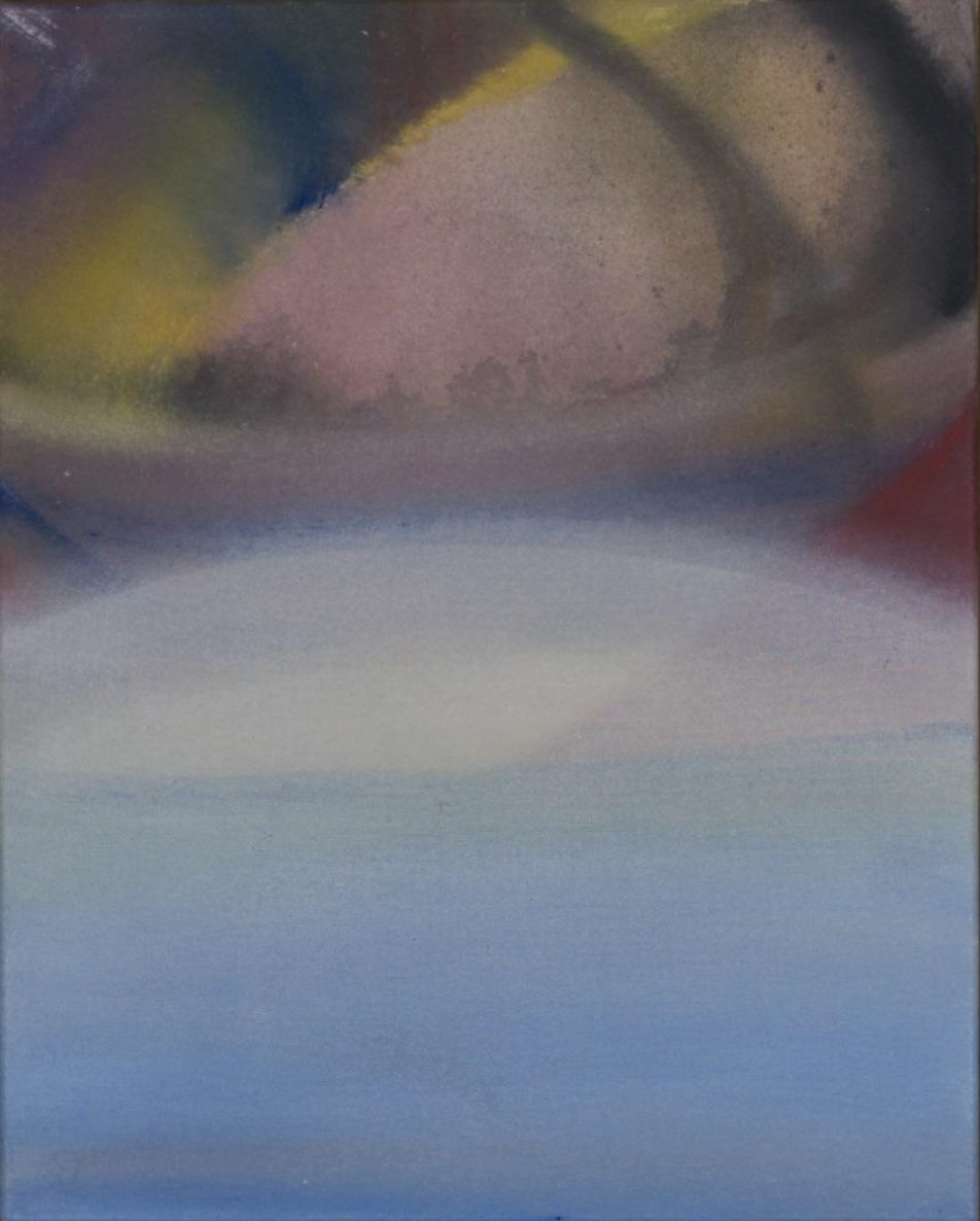 An abstract painting with soft blending of pastel colors including pink, yellow, blue, and purple.