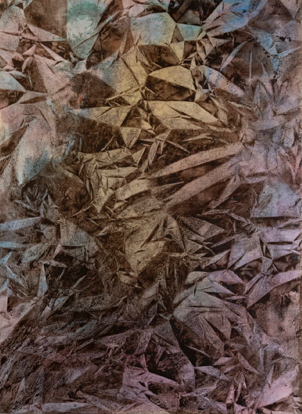 Abstract painting with textured surface and various creases and folds.