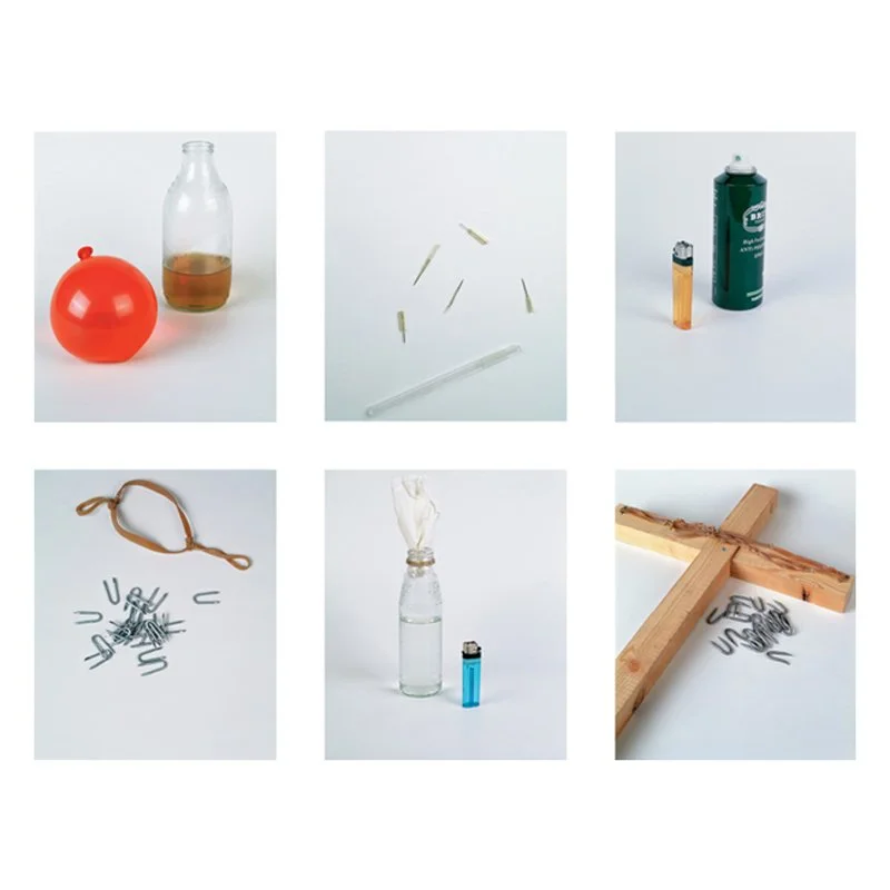 Collage of objects including a bottle, balloon, pipette, lighter, aerosol can, rubber band, metal hooks, wooden cross, glass bottle with liquid.
