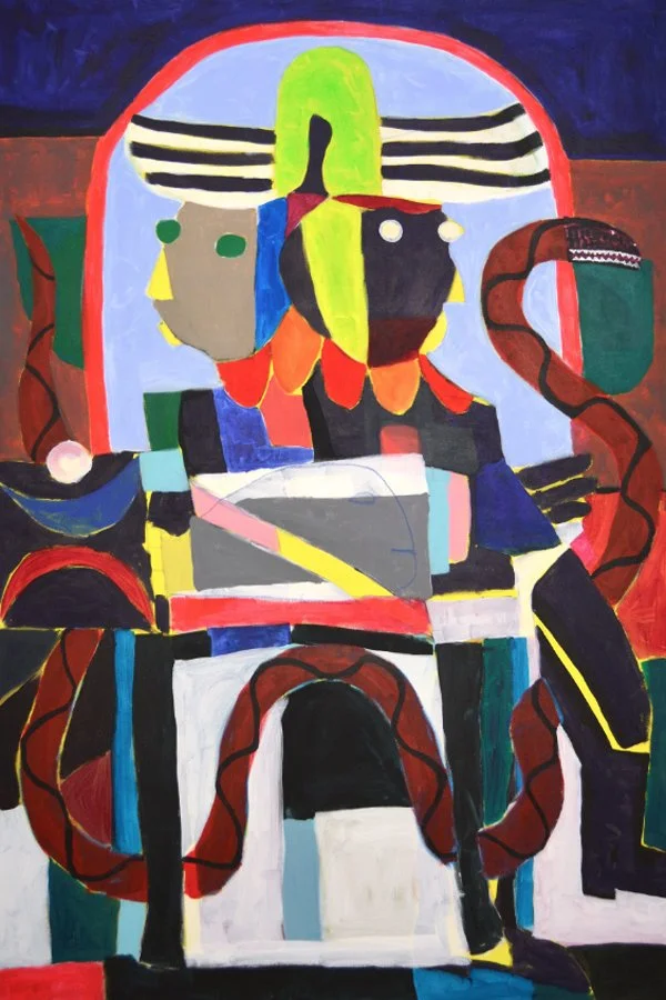 Abstract painting by American artist Taj Matumbi with vibrant colors, depicting two figures with geometric shapes, masks, and a serpent-like form, incorporating bold lines and symmetrical elements.