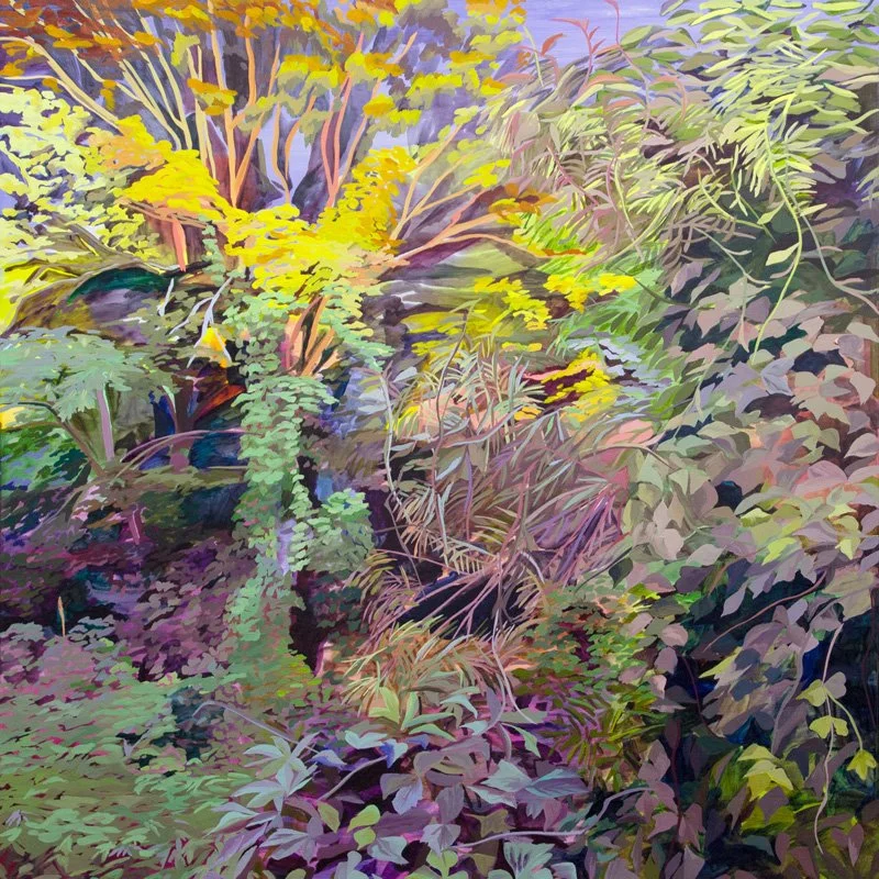 Colorful landscape painting of a lush forest with various green shades, purple accents, and yellow highlights by Liza Butts.